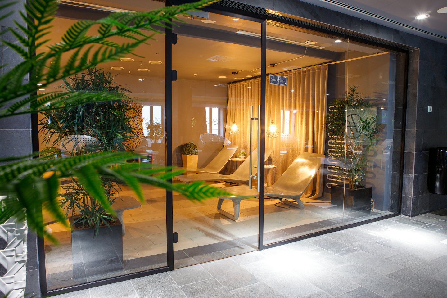 Moderna sala de relajación de spa con sillones grises y plantas verdes.